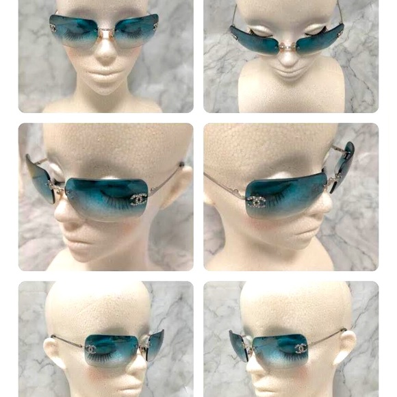 💯Auth Chanel 4017-D Swarovski Crystal Double C Sunglasses in TEAL! SUPER RARE!! - Picture 13 of 16
